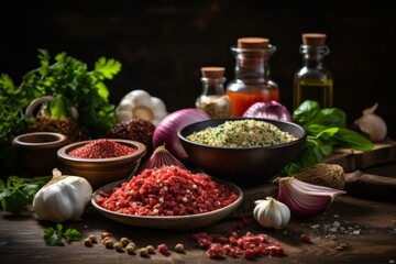 Assorted spices and fresh herbs on rustic wooden background, selective focus for culinary use