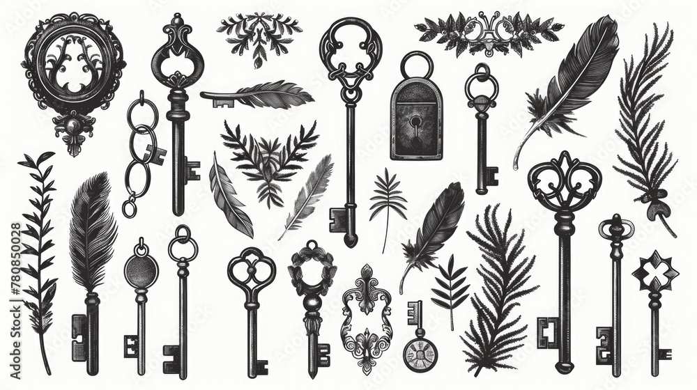 Aufkleber A bunch of keys and feathers on a plain white background. Can be used for concepts of security or lightness