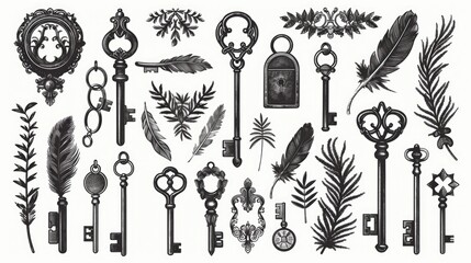 Fototapeta na wymiar A bunch of keys and feathers on a plain white background. Can be used for concepts of security or lightness