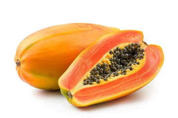 Whole and half papaya on white background