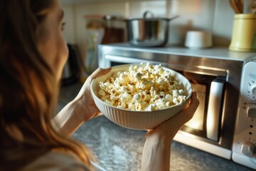 Woman grabbing popcorn from microwave in kitchen