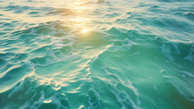 Light reflects on the surface of the sea, sparkling turquoise, with waves gently crashing on the shore. 
