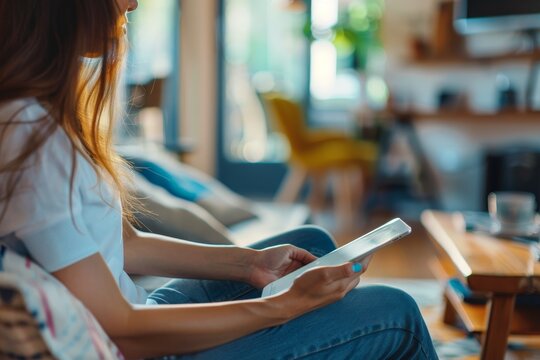 Woman syncing files on personal devices at home