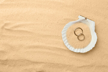 Fototapeta na wymiar Honeymoon concept. Two golden rings and shell on sand