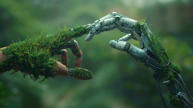 Robot hand and natural hand covered with grass reaching to each other