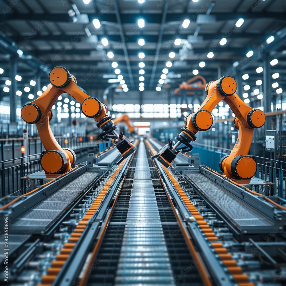 Poster industrial automation driven by cuttingedge electrical tech, robots and ai systems streamline produc