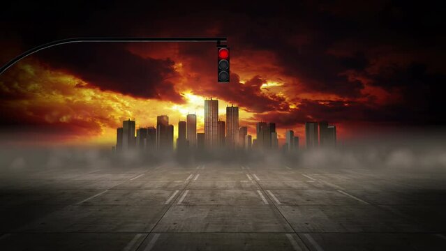 Traffic Lights Blinking In An Empty Polluted City. City Related 3D Animations.