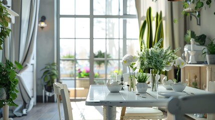 Dining room with flowers and plants at home