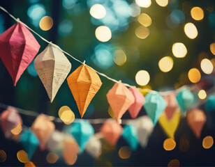 Cordões com bandeirolas coloridas e balões de papel,  pendurados em um bosque com luzes em bokeh. - obrazy, fototapety, plakaty