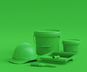 Set of metal cans or buckets with paint roller and tray on monochrome background