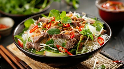 The Vietnamese dish Bun cha is fried pork with rice noodles. It requires herbs, fish sauce, green papaya, some spices.