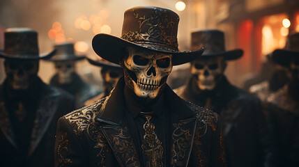 Group of Skeletons in Mexican cowboy style 