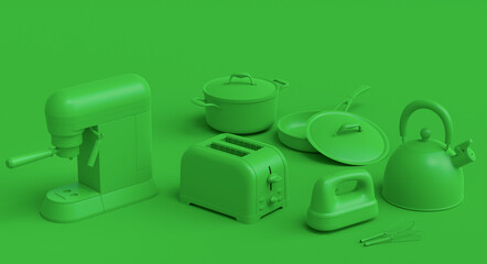 Electric kitchen appliances and utensils for making culinary on green monochrome