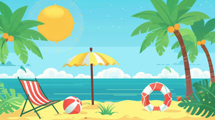 Fototapeta na wymiar copy space, A beach scene with palm trees, chairs and an umbrella. The sun is shining brightly. There are also some green plants on the ground. A striped chair stands next to an inflatable ball on top