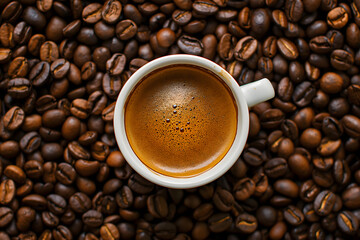 Fototapeta premium Freshly Brewed Coffee in a Black Cup Surrounded by Coffee Beans