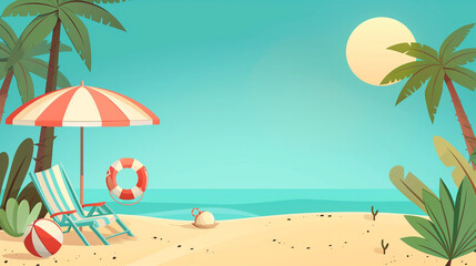 copy space, A beach scene with palm trees, chairs and an umbrella. The sun is shining brightly. There are also some green plants on the ground. A striped chair stands next to an inflatable ball on top - obrazy, fototapety, plakaty