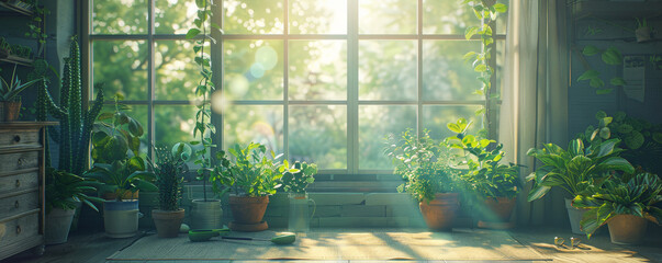 Indoor plants on windowsill with morning light. Peaceful home gardening and cozy atmosphere