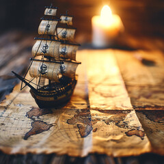 Vintage Pirate Ship Model on an Old World Map