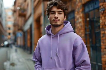Fototapeta premium Young man in purple hoodie mockup with clean background for copy space. Concept Purple Hoodie Mockup, Clean Background, Copy Space, Young Man, Apparel Presentation