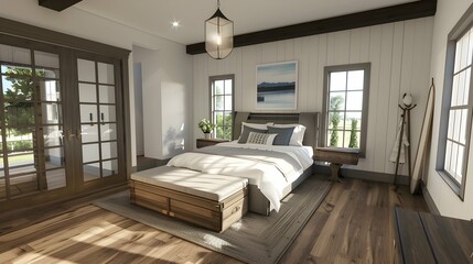 Farmhouse interior design of modern bedroom with hardwood floor. 
