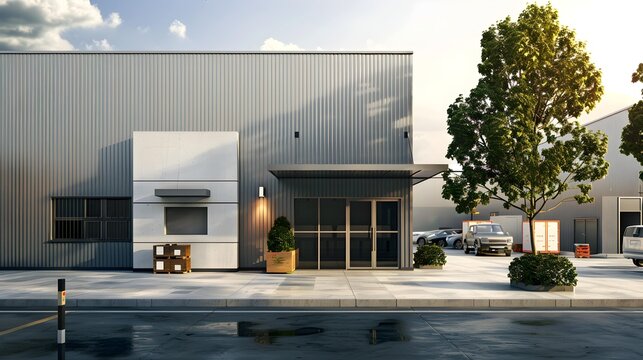 Exterior of a modern warehouse with a small office unit