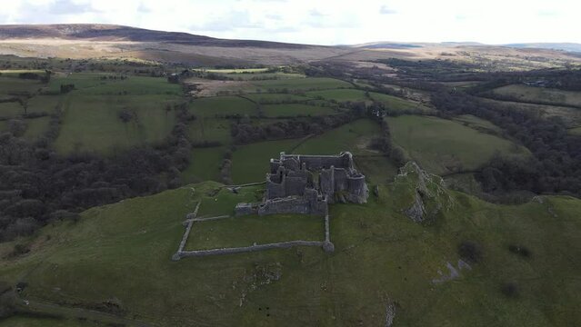 Aerial view of Carreg Cennen Castle in Brecon Beacons National Park, Wales, UK