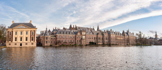 Fototapeta na wymiar Panoramic view of Dutch Parliament buildings in the city of The Hague, Netherlands