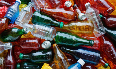 Heap of used empty multicolor plastic bottles and aluminum cans, close-up background, generative ai