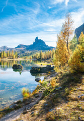 Beautiful autumn view of famous Lake Federa near Cortina d'Ampezzo in Italy's Dolomites