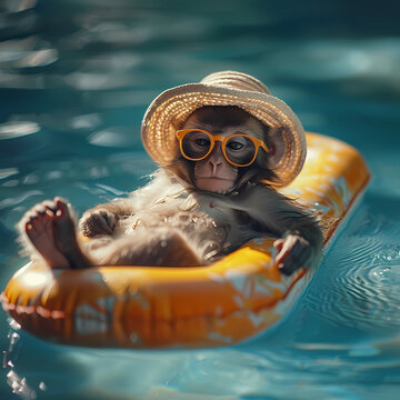 cute monkey on inflatable in pool, relaxing summer time fun, wearing sunglasses