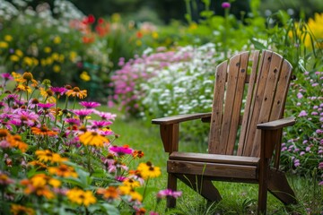 Wooden chair in the flower garden