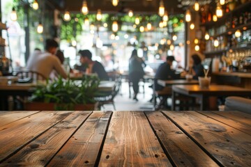 Wooden table top with blurred people in cafe background for product display or key visual design
