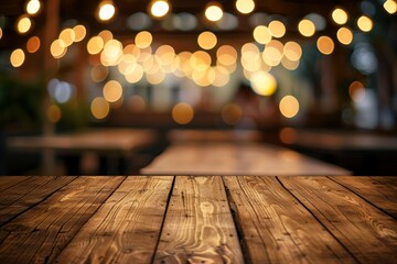 Wooden table with abstract restaurant light background - obrazy, fototapety, plakaty
