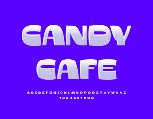 Vector sweet signboard Candy Cafe. Candy style Font. Modern White Alphabet Letters and Numbers set.