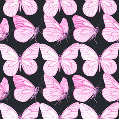Watercolour Butterflies with pink wings illustration seamless pattern. On dark background. Hand-painted elements insect. Hand drawn delicate insects. For decoration, postcard, fabric, sketchbook