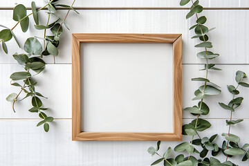 Farmhouse square wooden frame mockup. Blank rustic frame template with some eucalipys decor.