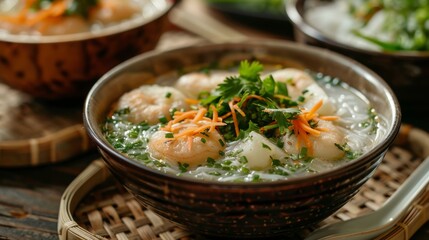 The Vietnamese dish is coconut soup with the addition of the leaves of the useful taro plant (kolokasia), tapioca and sweet potatoes. - obrazy, fototapety, plakaty