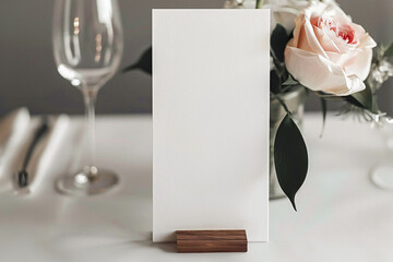 Wedding blank menu standing on the table. Wedding menu mockup. White wedding menu template.