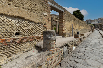 Ruins of an ancient city destroyed by the eruption of the volcano Vesuvius in 79 AD near Naples, Herculaneum, Italy.