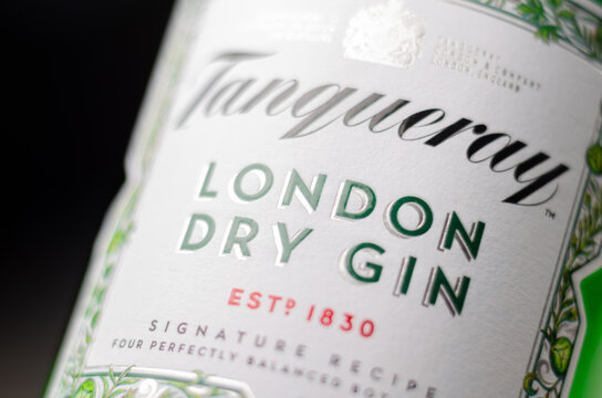 LONDON, UK - 28 MARCH 2024 Tanqueray London Dry Gin, a four-times distilled gin, made from a combination of refreshing juniper, peppery coriander, aromatic artemisia and sweet liquorice