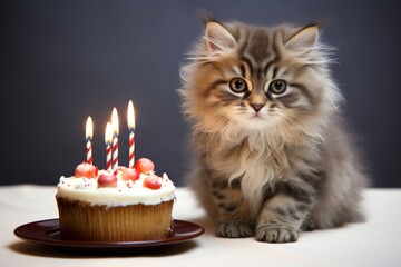 Fluffy cute kitten cat sitting in front of festive cake with four candle celebrating birthday party
