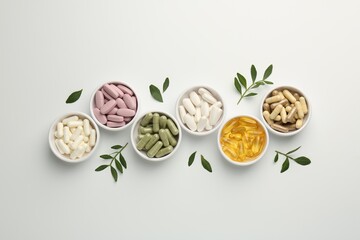 Different vitamin capsules in bowls and leaves on white background, flat lay