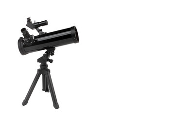 homemade telescope on tripod on white background with space for text