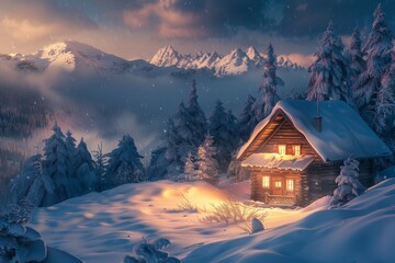 Glowing wooden cabin in snowy Carpathian mountains during the winter creating a cozy Christmas holiday atmosphere - obrazy, fototapety, plakaty
