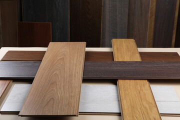 Many different samples of wooden flooring indoors