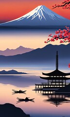 Japanese pagoda set against iconic Mount Fuji, capturing essence of traditional Japanese landscape, architecture. For art, creative projects, fashion, style, advertising campaigns, web design, print.