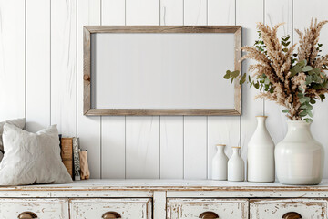 Blank wooden farmhouse rectangle frame mockup. Rustic style frame template.
