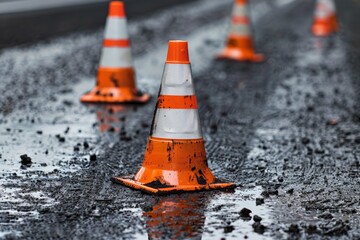 Fresh asphalt section of road marked by construction cones
