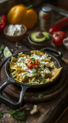 Authentic Mexican Chilaquiles Verdes in Earthenware Dish