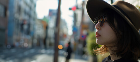 A woman wearing a stylish hat with a cityscape in the background with copy space
